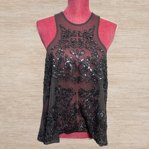 verty Tops - Verty Mesh Sequin Embellished Grey Silver Racerback Tank Blouse Women’s Size M